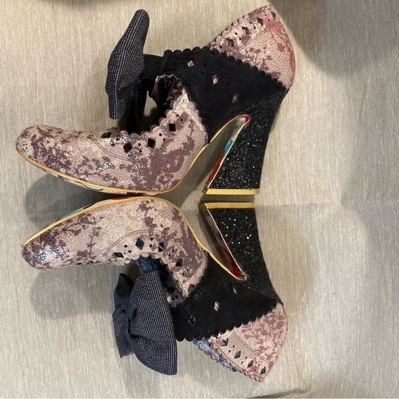 IRREGULAR CHOICE Sz 39 Metallic Sparkle Heel Bow Laser Cutouts Almond  Toe Shoes - Picture 7 of 14